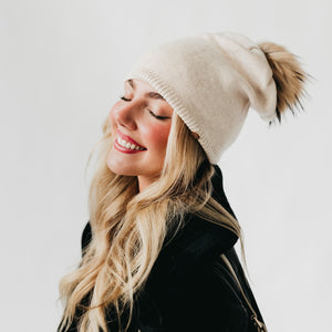 Fine Knit Fur Pom Slouchy Beanie Wholesale-Beanie-Pretty Simple