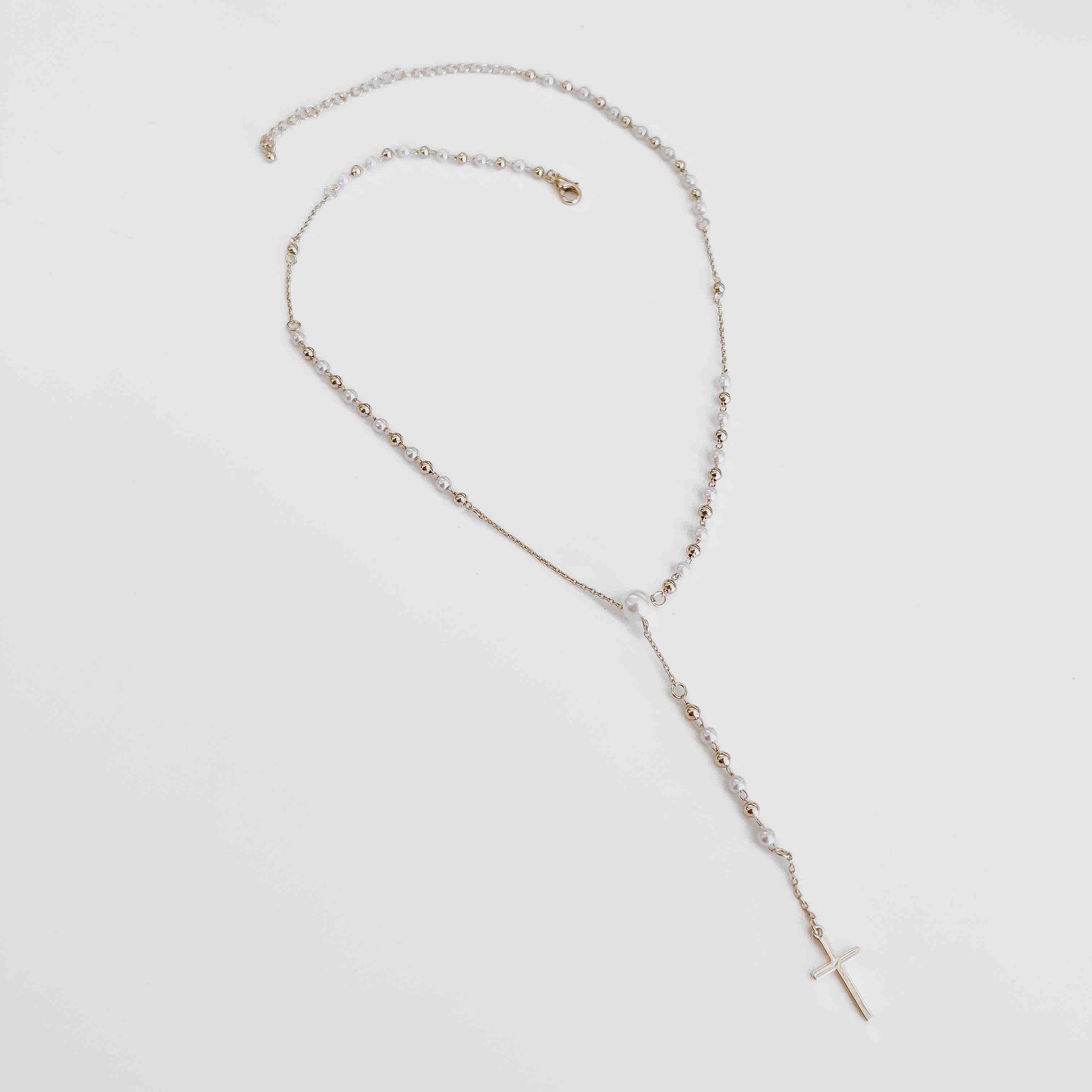 Soft Touch Y Drop Pearl & Cross Necklace-Necklace-Pretty Simple Wholesale
