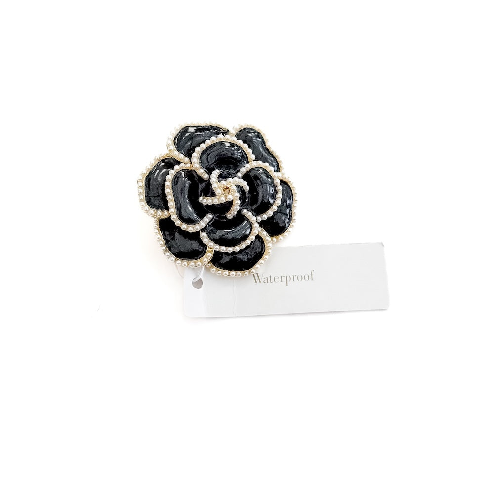 Black Flower Brooch with Pearl Trim - WATERPROOF-Brooches-Pretty Simple