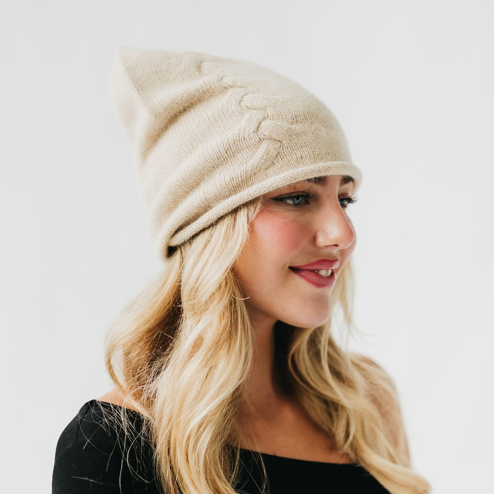 Cable Rolled Edge Cashmere Beanie-Beanie-Pretty Simple