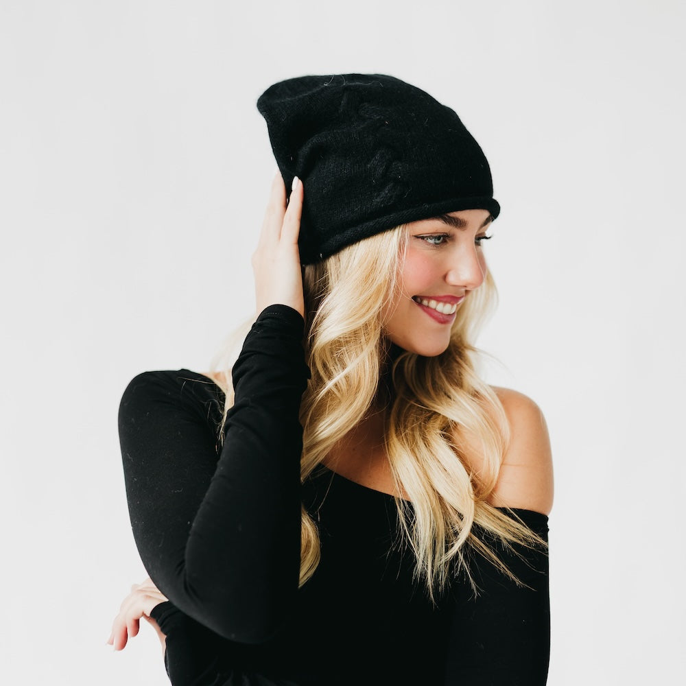 Cable Rolled Edge Cashmere Beanie-Beanie-Pretty Simple