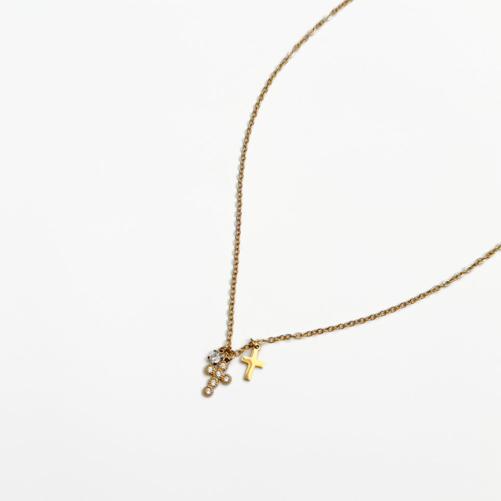 Petite Double Cross Necklace - WATERPROOF-Necklace-Pretty Simple