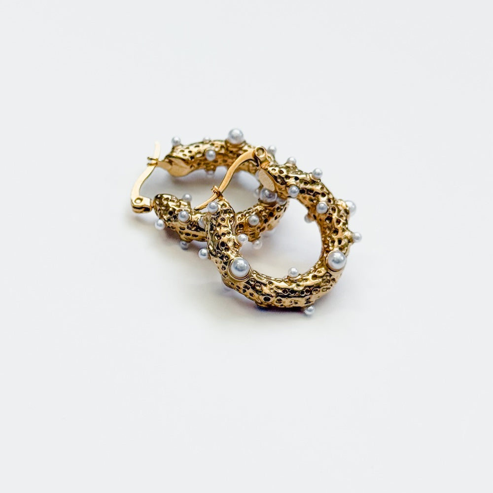 Textured Pearl Huggie Hoops - WATERPROOF-Earrings-Pretty Simple