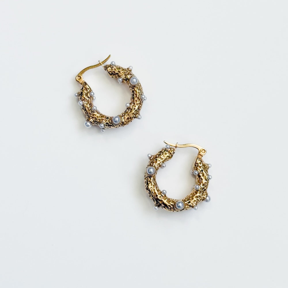 Textured Pearl Huggie Hoops - WATERPROOF-Earrings-Pretty Simple