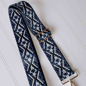 Navy willow strap with blue, black and white design