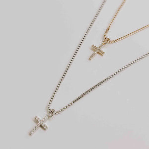 Mini Crystal Cross Necklace - gold and silver/box chain/diamond cross