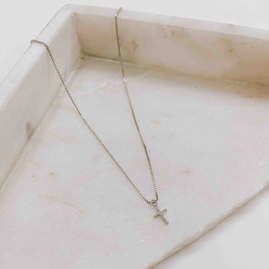 Mini Crystal Cross Necklace - silver/box chain/diamond cross