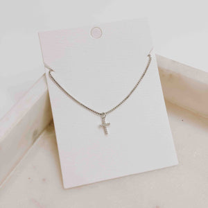 Mini Crystal Cross Necklace - silver/box chain/diamond cross