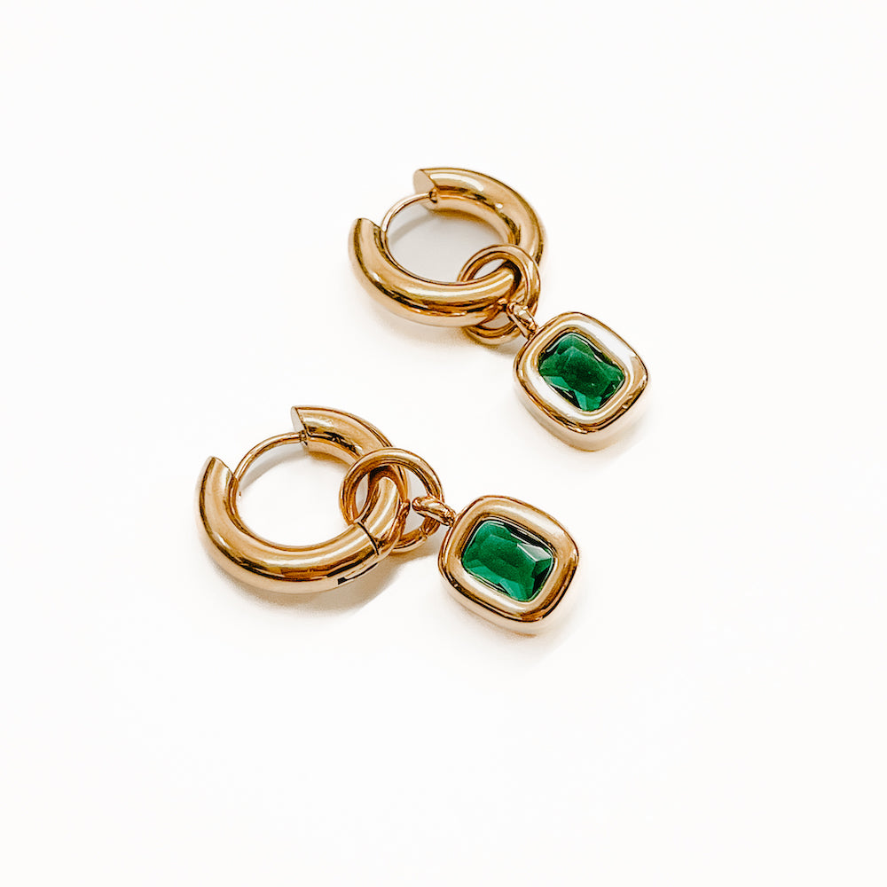 Emerald Accent Chunky Hoop Gold Earrings-Earrings-Pretty Simple Wholesale