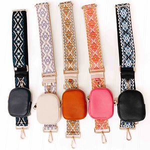 Attachable pouches on removeable bag straps. Canvas bag straps in navy, cream, brown, pink, and black