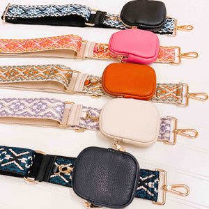 Attachable pouches on removeable bag straps. Canvas bag straps in navy, cream, brown, pink, and black