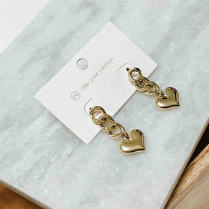 Gold dangly heart earrings - Love You More Heart Earrings