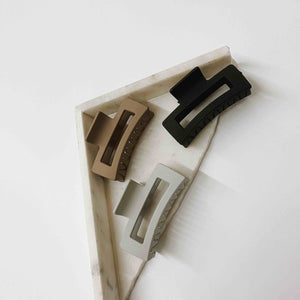 Rectangle shape hair claw clip. Scarlett Square Claw Clip in gray, brown, and black. Matte claw clip